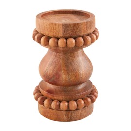 Mud Pie Short Beaded Candlestick, Brown, 4" x 7"