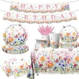 Wildflower Party Decorations - 142Pcs Wildflower Baby Shower Paper Plates,Napkins,Tablecloth Butterfly Floral Theme Table Decorations for Bridal Shower Birthday Party