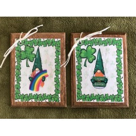 Handmade 5 NEW Handcrafted Wooden St Patrick GNOME LEPRECHAUN Ornaments / Hang Tags Set5