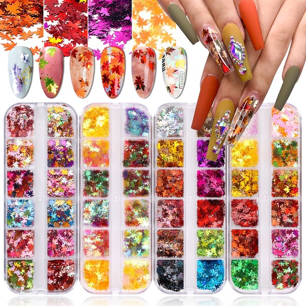Kalolary 4 Boxes Maple Leaves Nail Art Glitter Sequins 3D Holographic Autumn Leaves Confetti for Nail Design Eyes Makeup Sequins Iridescent Flakes DIY Craft Decorations -A