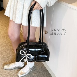 Lapimou Horizontal Bag, Ribbon Bag, Boston Bag, Handbag, Shoulder Bag, Women's, Horizontal Ribbon, Bowknot, Silver, a4, Large Capacity, Popular, Trend, Stylish, Cute, Black