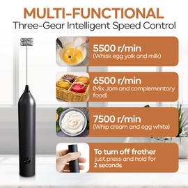 Handheld Milk Frother Wand Rechargeable with Stand - Double Whisk Milk Frother Handheld -3 Speed Levels- Coffee Stirrers Electric Drink Mixer - Coffee Frother Handheld (Upgraded - Black with Stand)
