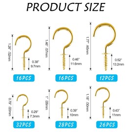 JSUOEO Ceiling Hook Cup, Pack of 130 Hooks Screw Hooks Stainless Steel Hook Screw Multi-Size Cup Hooks Ceiling Hooks Metal (Golden)
