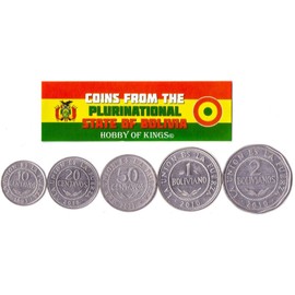 Bolivia 5 Mixed Coins | 10 Centavos to 2 Bolivianos | Bolivian Currency Since 1986