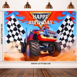 Monster Truck Party Supplies Include 1 Piece Monster Truck Backdrop 1 Piece Plastic Checkered Flag Tablecloth, Happy Birthday Monster Truck Grave Digger Theme Backdrop Picnic Table Cover for Party