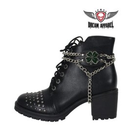 Dream Apparel Synthetic Leather Black Motorcycle Fashion Dark Green 4 Leaf Clover Boot Chain