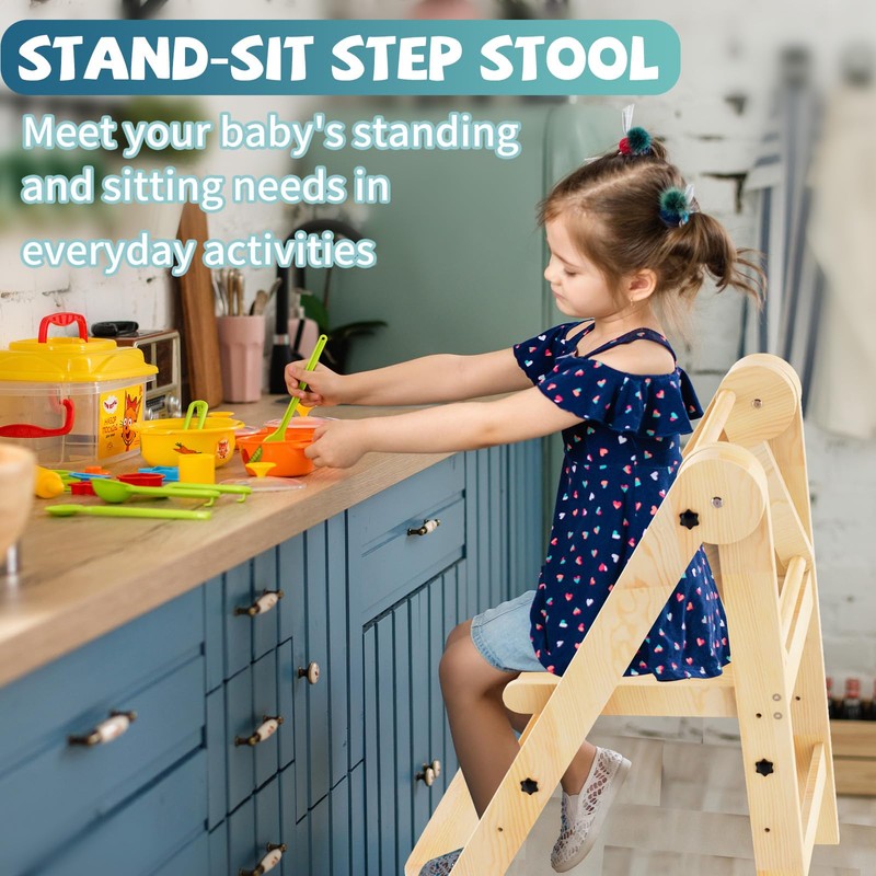 Foldable Toddler Tower with Safety Nets, 3 Adjustable Height Learning