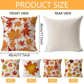 Pack of 4 Cushion Covers, Autumn Cushion Covers, 45 x 45 cm, Decorative Cushion Cover, Thanksgiving, Autumn Decorative Cushion Cover, Maple Leaf Linen Cushion Cover for Sofa, Bed, Home Decor (B)