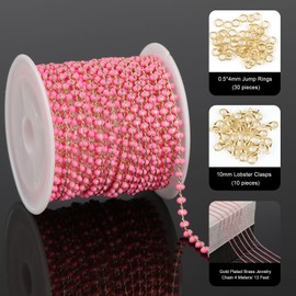 YOUBEIYEE 4 Meters Pink Enamel Bead Chain for Jewelry Making 18K Gold Plated Brass Jewelry Chain Roll