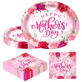 CMUSKO 100Pcs Mother's Day Plates and Napkins, Oval Mothers Day Paper Plates and Napkins Pink Flowers Love You Mom Dinner Plate and Napkin for Happy Mother's Day Party Decorations, Serve 50