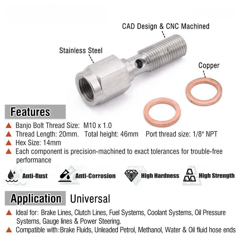 Tucool Racing M10X1.0 SUS304 20mm Banjo Bolt + 1/8" NPT