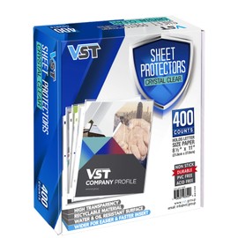 VST Sheet Protectors 8.5 x 11 Inch for 3 Ring Binder, Crystal Clear Page Protectors, Medium Weight Plastic Sleeves, Top Loading Paper Protector Acid Free, Letter Size, Dry Erase Pocket, 400 Sheets
