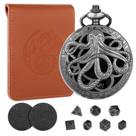 Mini DND Dice Set Steampunk Hollow Octopus Pocket Watch Bowl, 7-Piece Polyhedral Metal D&D Dice Set, DND Gifts with Leather Bag, Role Playing Board Game Accessories Dice, Dark Silver