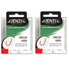 Set: 2 packs of Jenzi tied trout hooks (12 pieces) on fluoro-carbon cord, 50 cm hook size 4, 6, 8, 10 and 12 depending on selection + free Petri Heill! sticker (hook size # 10)