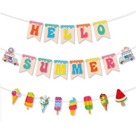 Hello Summer Banner,3 PCS Hawaiian Party Bunting,Ice Cream Colourful Bunting For Summer Luau Beach Cocktail Pool Tropical Theme Garden Birthday Party Decorations
