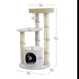 PetPals® Winnipeg 4-Level 35.8" Cat Tree with Recycled Paper Rope Top Nest Bed,Natural Sisal Scratching Posts, Large Base Condo,Natural Wicker Toy, for Indoor Cat, Cream