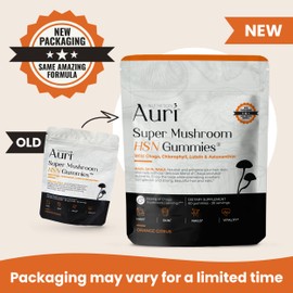 Auri Super Mushroom HSN Gummies - Hair Skin and Nails Gummies Functional Mushrooms Supplement - with Wild Chaga, Chlorophyll, Lutein and Astaxanthin - 60 Orange Citrus Gummies