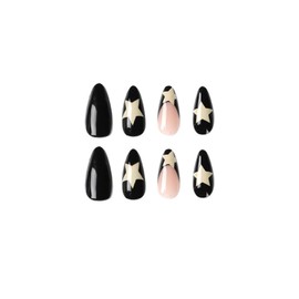 Star Press on Nails Short Almond Fake Nails Black False Nails with Designs French tip YK2 Acrylic Glossy Full Cover Glue on Nails Press ons Cute Artificial Stick on Nails for Women Manicure 24 Pcs