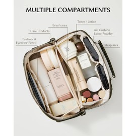 EACHY Makeup Bag, Large Capacity Cosmetic Bags for Women, Waterproof PU Leather Flat Open Toiletry Bag with Makeup Brush Organizer