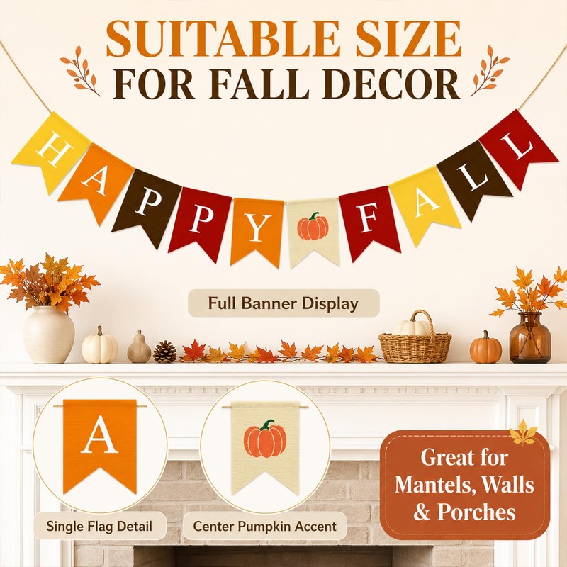 Adurself Happy Fall Burlap Banner with Pumpkin, Pre-Strung Faux Burlap
