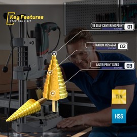 Step Drill Bit for Metal, Titanium High Speed Steel Step Drill Bit Set, Unibit Step Drill, Heavy Duty Step Bit, HSS Drill Bit Set Total 23 Sizes 1/4"-1-3/8", 3/16"-7/8"