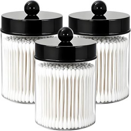 AXX Qtip - Tarros de boticario para baño – Qtip - Tarro de almacenamiento de plástico transparente para hisopo de algodón, Q-Tips, rondas de algodón (F# negro, 3 piezas)