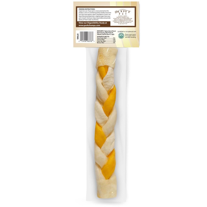 Pork Chomps Roasted Pork Skin Dog Chew, 8-inch Braid, Peanut