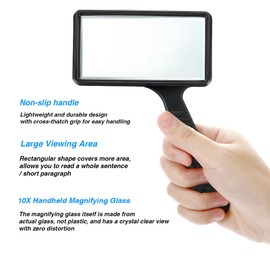 Blulu 10X Handheld Magnifier, 3.77 x 1.89 Inch Rectangular Magnifying Glass, Scratch Resistant Glass Lens for Reading, Hobbies, Repair, Observation