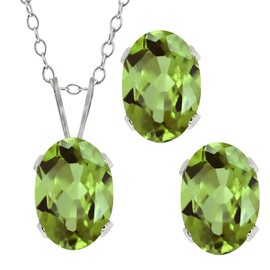 Gem Stone King 2.70 Cttw Oval Green Peridot 925 Sterling Silver Pendant Earrings Set For Women | Gemstone Birthstone | Oval 7X5MM | With 18 Inch Chain