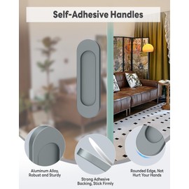 MeBantoo 2 Pack Self-Stick Door Handles, 4 Inch Aluminum Alloy Self Adhesive Flat Finger Pulls, No Drill Cabinet Knobs for Drawer, Sliding Glass/Barn/Closet/Balcony Doors (2, Grey)
