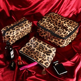 3 Pieces Leopard Print Cosmetic Bag Set Cheetah Toiletry Travel Makeup Bag Portable Makeup Pouch Brush Organizer Purse Handbag for Women