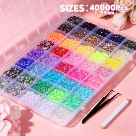 EBANKU Resin Jelly Rhinestones for Bedazzling and Diamond Art, 40000Pcs 3mm Bedazzler Kit with Rhinestones, 40 Colors Flatback Gems with 3Pcs B7000 Glue & Tweezers & Pick Up Pen
