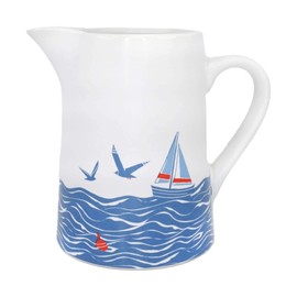 Half Moon Bay Sailboat Seagulls - Coastal Theme - Blue/White 17 Ounce Ceramic Pitcher Jug Vase