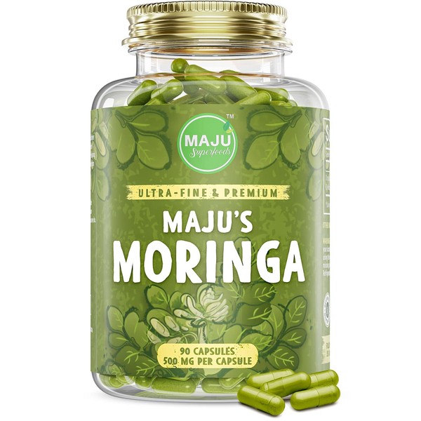 MAJU's Organic Moringa Capsules, Oleifera Leaf, Extra-Fine Quality Moringa Leaves, Dried Drumstick Tree Leaves, Organic Moringa Powder Extract Supplement Capsules from Plant (90 ct)