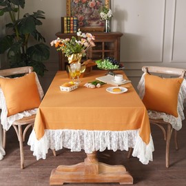 ARTMAGIC French Ruffled Tablecloth with Embroidery Floral Lace Rectangle TableCloths Washable Farmhouse Decor for Home Holiday Party Dining Room (Apricot Orange, 60"x84")