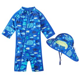 Traje de baño de una pieza con cierre y gorro de sol para niños pequeños, con UPF 50+, océano, 3-6 Meses
