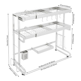 CRYBY 2-Tier Dish Drying Rack, Over Sink Dish Drying Rack Stainless Steel Dish Drainer with 6 Hooks & Chopstick Basket, Expandable Over Kitchen Countertop Organizer and Storage Rack Utensil Holder
