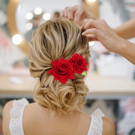 MBAIYO 2Pcs Rose Hair Clip, Red Flower Hair Combs Bohemia Flannel Elegant Hairpins Fabric Floral Hairpin Matte Red Rose Vintage Clips for Bride Women Girl Wedding, Party, Anniversary, Birthday Party