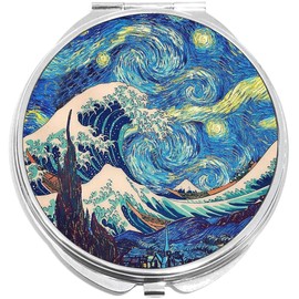 NewCharms The Great Wave Starry Night Compact with Mirrors - Perfect Pocket and Purse Size Folding Mirror for Applying Make Up Anywhere