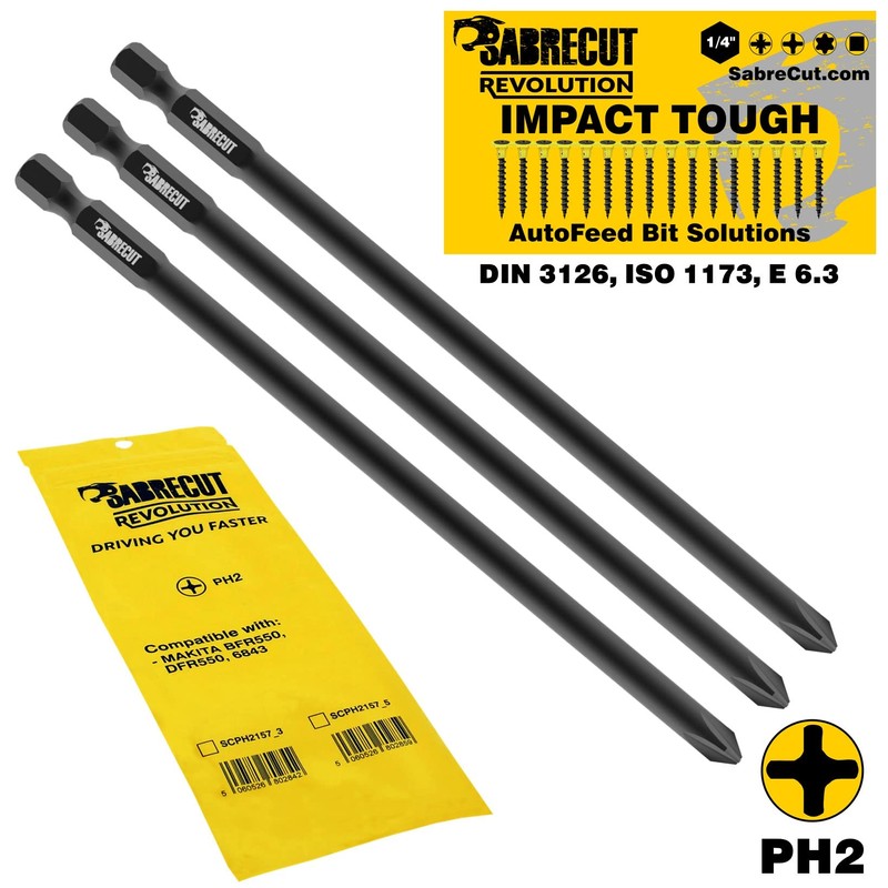 3 x SabreCut SCPH2157_3 157mm PH2 Autofeed Collated Drywall Screwdriver