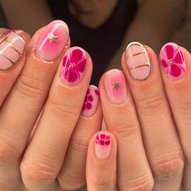 Summer Short Press on Nails Almond, Pink Flower Fake Nails with Floral Star Design, Glossy Gel Finish Acrylic Nails, Natural Reusable Glue on Nails Kit for Women, 24 Pcs