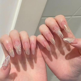 Nail Tip, Long, 24 Pieces, Nail Tip, Glitter Stone, Cute Butterfly, 3D Butterfly, Weddings, Entrance Ceremonies, Popular, Japanese, Brides, Stylish, Advanced, Elegant, Nail Wrap (E)