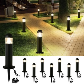 MOON-DE-AGE 8 Pack Low Voltage Landscape Pathway Lights Wired, Outdoor Modern 12V LED Bollard Lights for Driveway Garden Walkway Yard Lawn (Included Connectors), 2700K Warm White Waterproof, Black