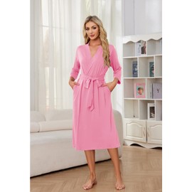 YAHESHION Women’s Soft Robe Casual Loungewear Long Cotton Bathrobe Lightweight Pink Robe V-neck Ladies Sleepwear with Pockets S-2XL