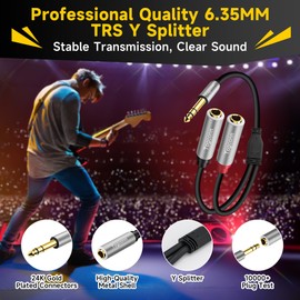 Togconn 2-Pack 1/4 inch TRS Stereo Splitter Y Adapter, 6.35mm Stereo Male to Dual 6.35 mm TS Mono Female Jack, Quarter inch Audio Speaker Splitter Converter Cable 1 Feet, Gold Plated Connectors