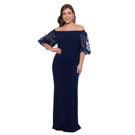 Xscape Women's Plus Size Long Illusion Sleeve Off The Shoulder Dress, Navy