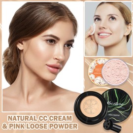 CC Cream Foundation Full Coverage Foundation + Pink Setting Powder Matte Nude Natural Soft Concealer Brighten Moisturizing Long Lasting Oil Control Air Cushion Foundation Makeup Base Kit For Flawless Skin (Natural + Pink Complexion)