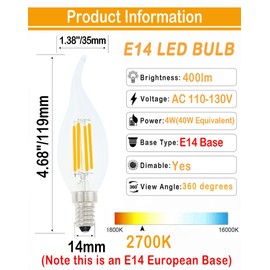 Lamsky E14 LED Bulb European Base 4W Dimmable 40W Equivalent, Flame Tip Candelabra LED Bulbs, 110V 2700K Warm White 12-Pack