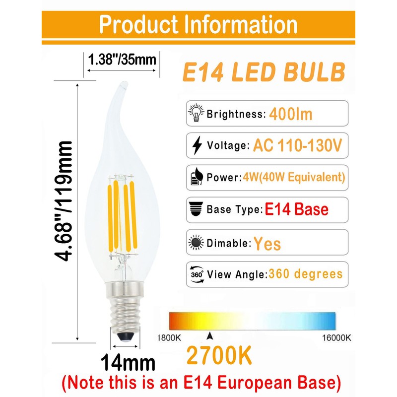 Lamsky E14 LED Bulb European Base 4W Dimmable 40W Equivalent,