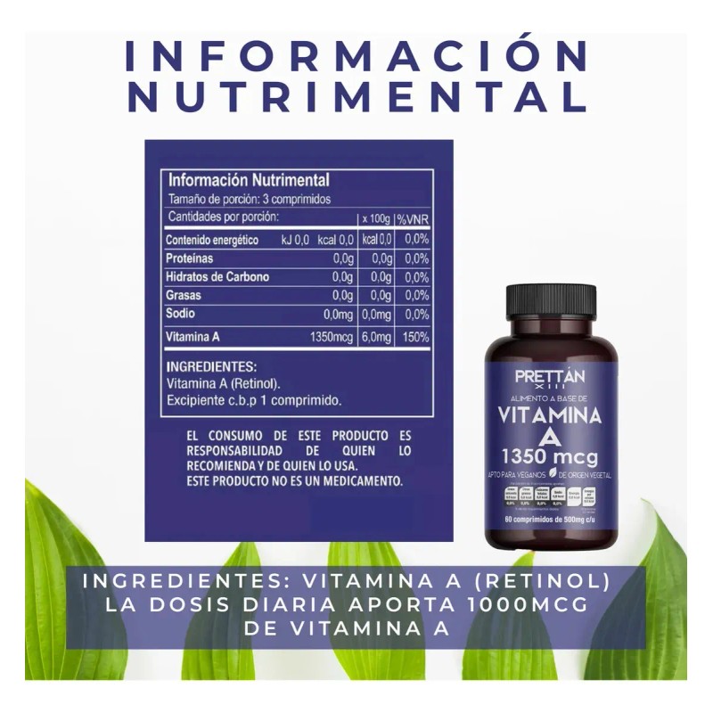 Suplemento Con Vitamina A Prettan Vegano 60 Capsulas 500mg